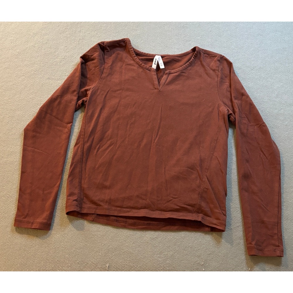 Pact Organic Cotton Notch Neck Long Sleeve Top Womens S Brown Minimalist NWOT